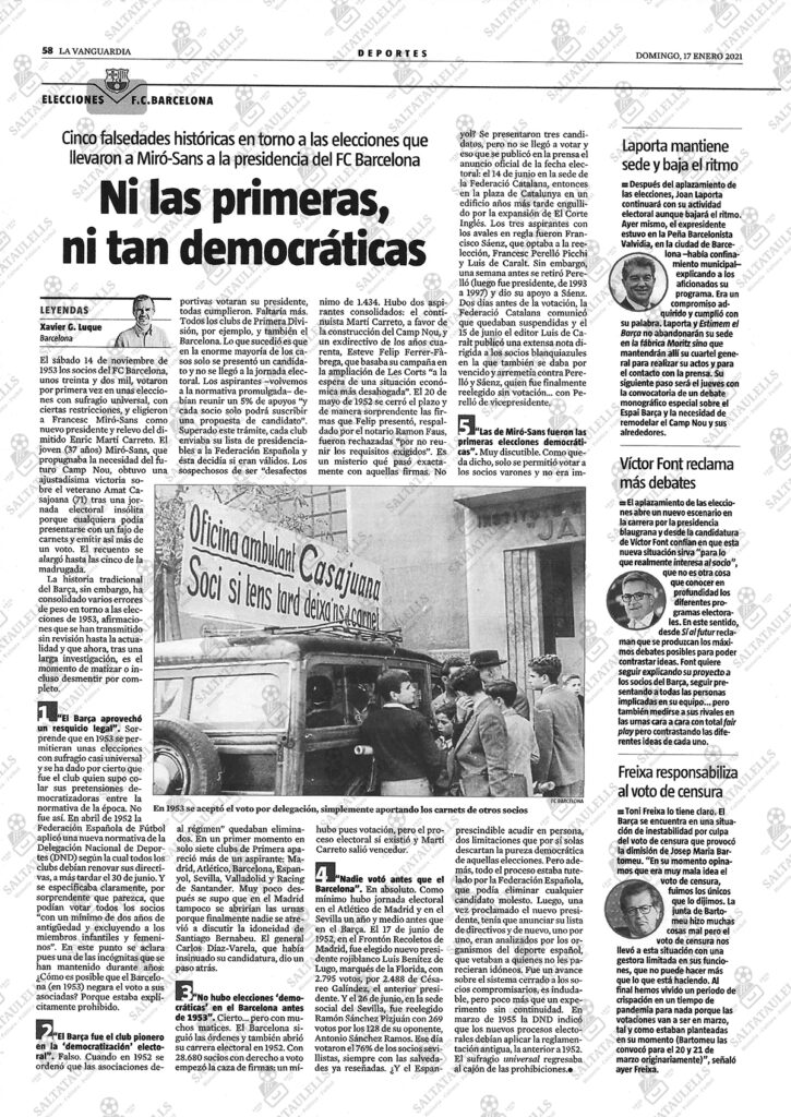 Artículo de Xavier G. Luque, «Ni las primeras, ni tan democráticas», La Vanguardia, 17 de enero de 2021